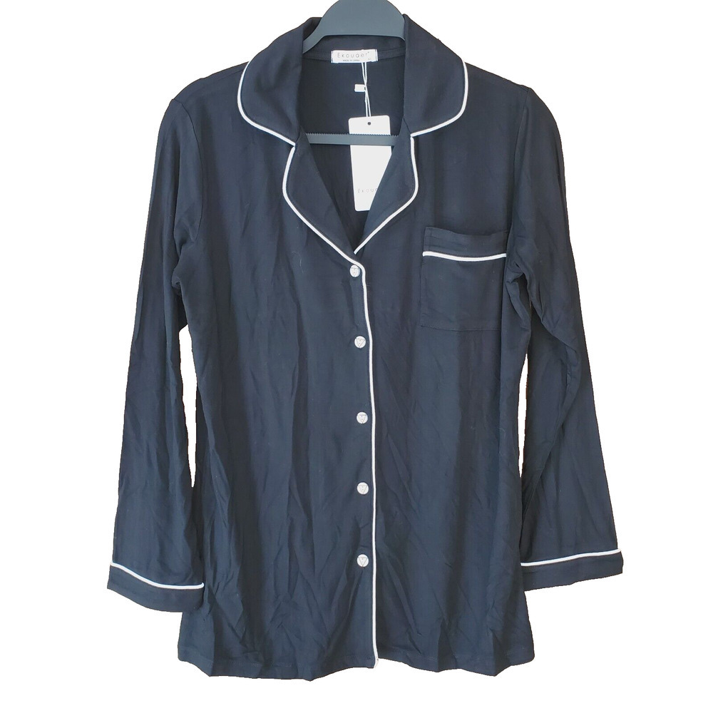 ekouaer pajama top NWT Long Sleeve Button Front Collared Size XS Black